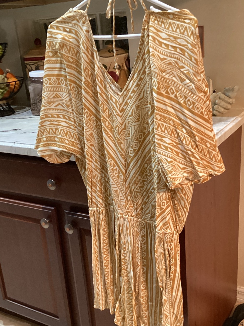 Kori Mustard and Cream Printed V-Neck Mini Dress